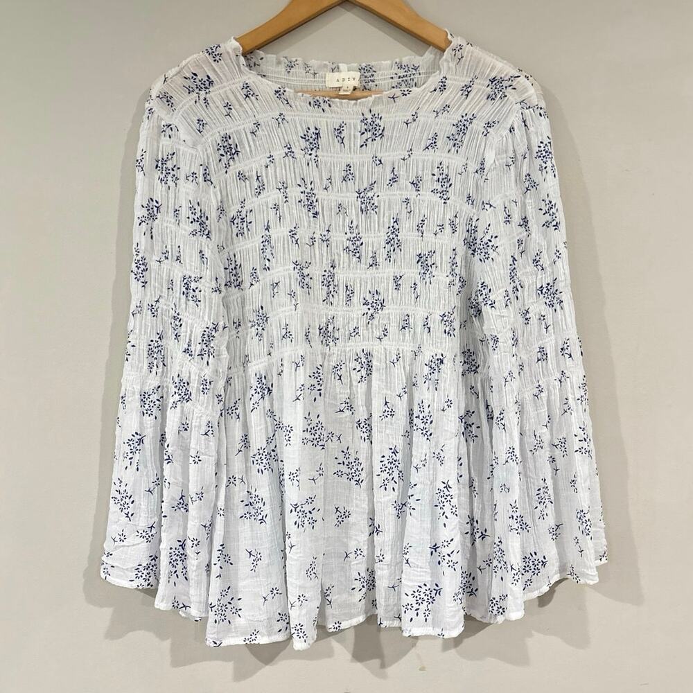 Adiva White Blue Floral Smocked Peasant Blouse Crinkle Gauzy Top Women’s Large
